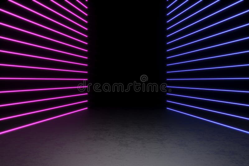Tło pusty czarny korytarz z neonowym światłem Abstrakcjonistyczny tło z liniami i łuną świadczenia 3 d