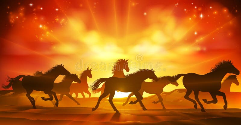 A running or stampeding herd of wild horses in silhouette with a sunset or sunrise in the background. A running or stampeding herd of wild horses in silhouette with a sunset or sunrise in the background