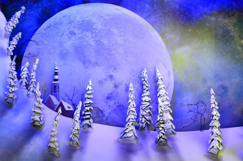 Background of full moon rising over fantasy landscape of snow and forest trees at night. Background of full moon rising over fantasy landscape of snow and forest trees at night.