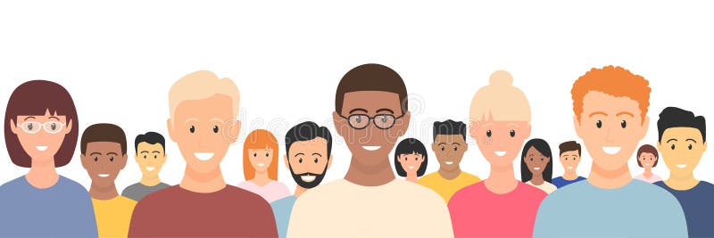Tłum wielokulturowości. grupa kobiet i mężczyzn. postacie z płaskiej wielonarodowej ludności stojące razem. ilustracja wektor
