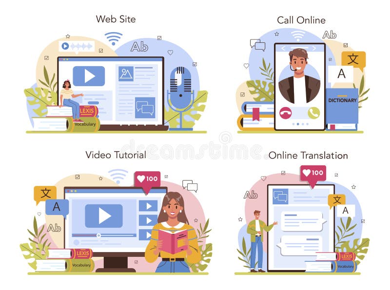 Tłumacz usługi online lub zestaw platform. tłumaczenie tekstu językowego royalty ilustracja