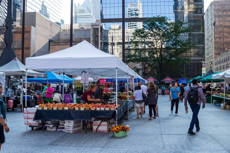 TÅ‚umy ludzi przeglÄ…dajÄ… rynek farmerów z Chicago, zlokalizowany na Daley Plaza zdjęcie royalty free