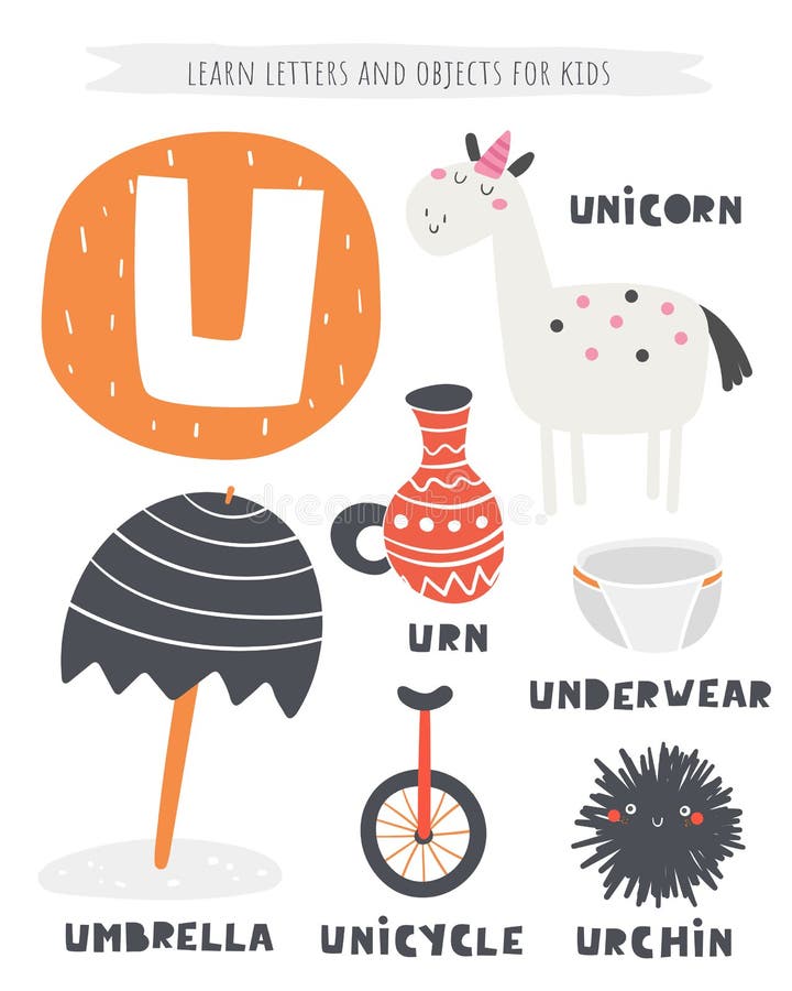 U Letter Objects and Animals Including Unicorn, Urn, Umbrella, Unicycle,  Urchin, Underwear. Stock Vector - Illustration of english, girl: 156853008
