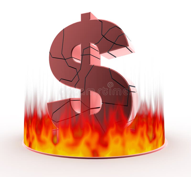 Collapse of the dollar. Burn intensely. Represents the exchange rate instability. Three-dimensional character of the dollar. Characters are cracked. Collapse of the dollar. Burn intensely. Represents the exchange rate instability. Three-dimensional character of the dollar. Characters are cracked.