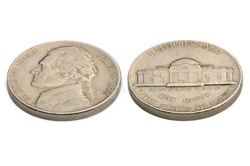 U. S. five cents coin isolated on white background. macro shooting royalty free stock images