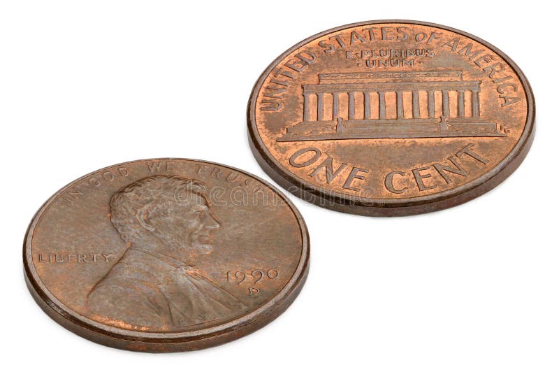 U. S. one cent coin isolated on white background. macro shooting stock photo