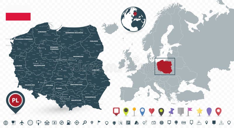 Ubicaci?n del mapa de Polonia y de Polonia en el mapa de Europa aislado en fondo transparente