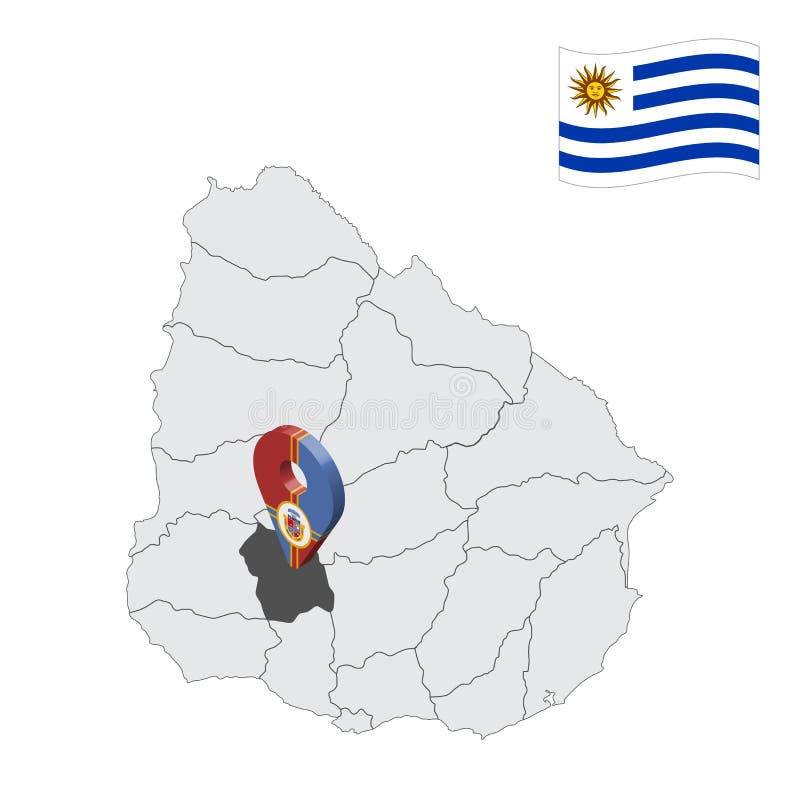 Ubicación distrito flores en el mapa uruguay signo de ubicación 3d similar a la bandera del departamento de flores. mapa de calida ilustración del vector