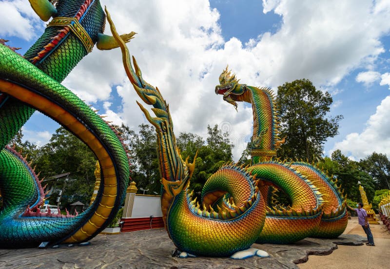 Ubon Ratchathani, Thailand - August 25, 2021; Colorful and Beautiful King of Nagas or Serpent at Phrathat Nong Bua Temple, Ubon stock photo