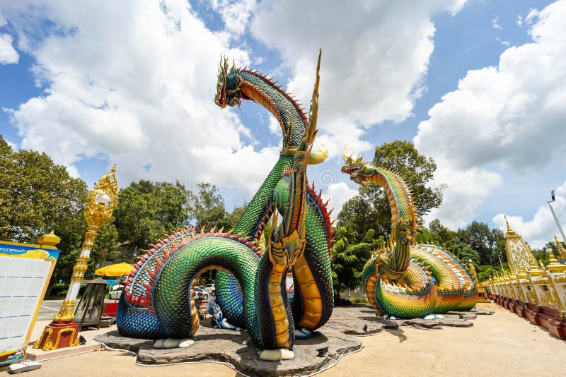Ubon Ratchathani, Thailand - August 25, 2021; Colorful and Beautiful King of Nagas or Serpent at Phrathat Nong Bua Temple, Ubon royalty free stock image