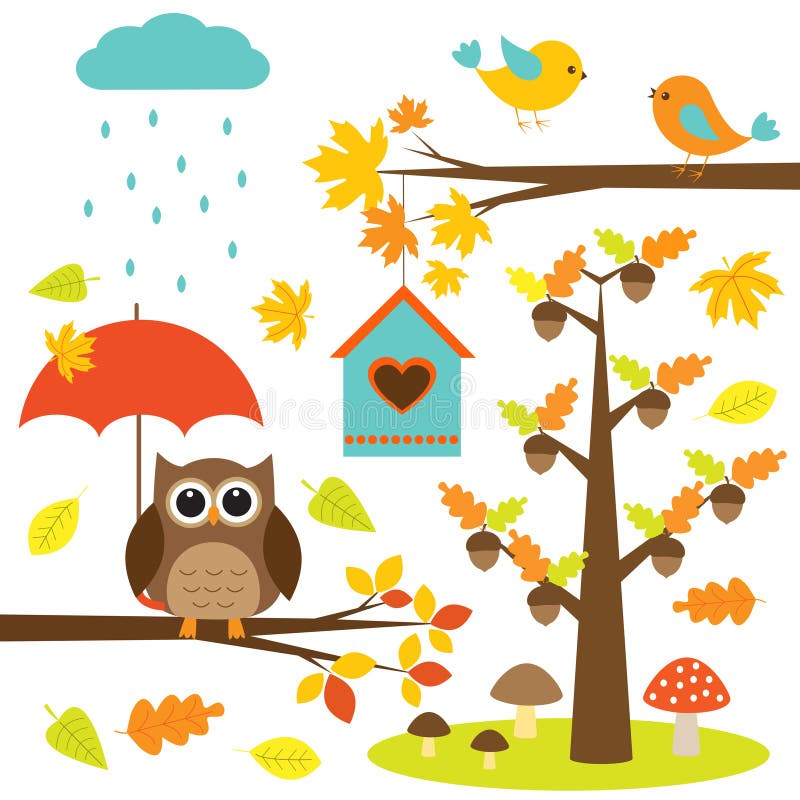 Uccelli, alberi e gufo illustrazione di stock Uccelli, alberi e gufo illustrazione di stock