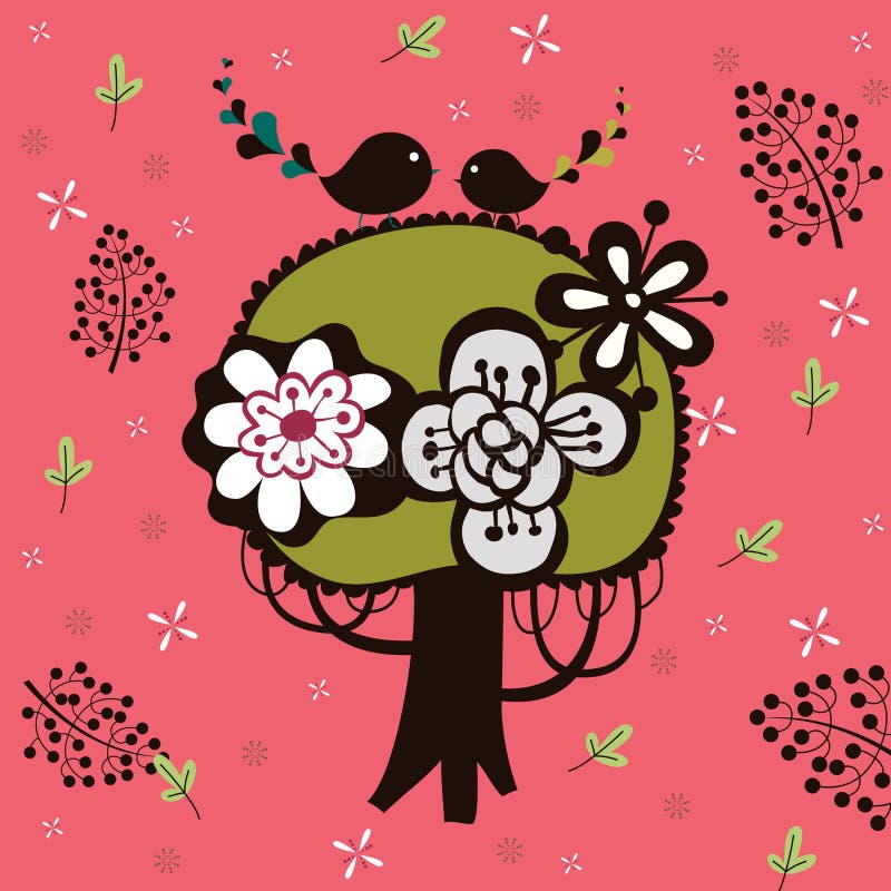 Uccello e carta da parati dell'albero illustrazione vettoriale Uccello e carta da parati dell'albero illustrazione vettoriale
