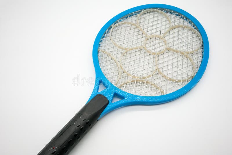 Uccisore di plastica blu della racchetta della zanzara con rete ed il fiore elettrici immagine stock Uccisore di plastica blu della racchetta della zanzara con rete ed il fiore elettrici immagine stock