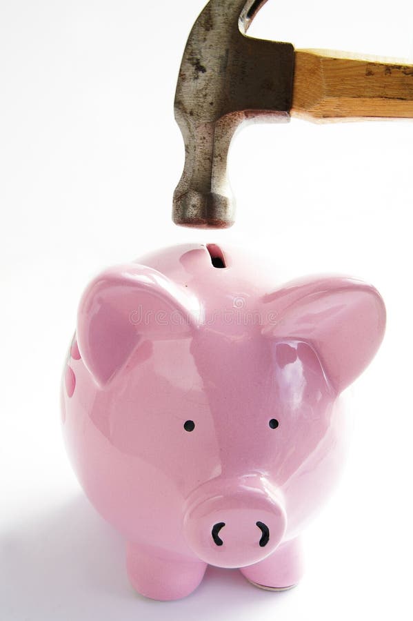 Piggy bank and hammer on white background. Piggy bank and hammer on white background