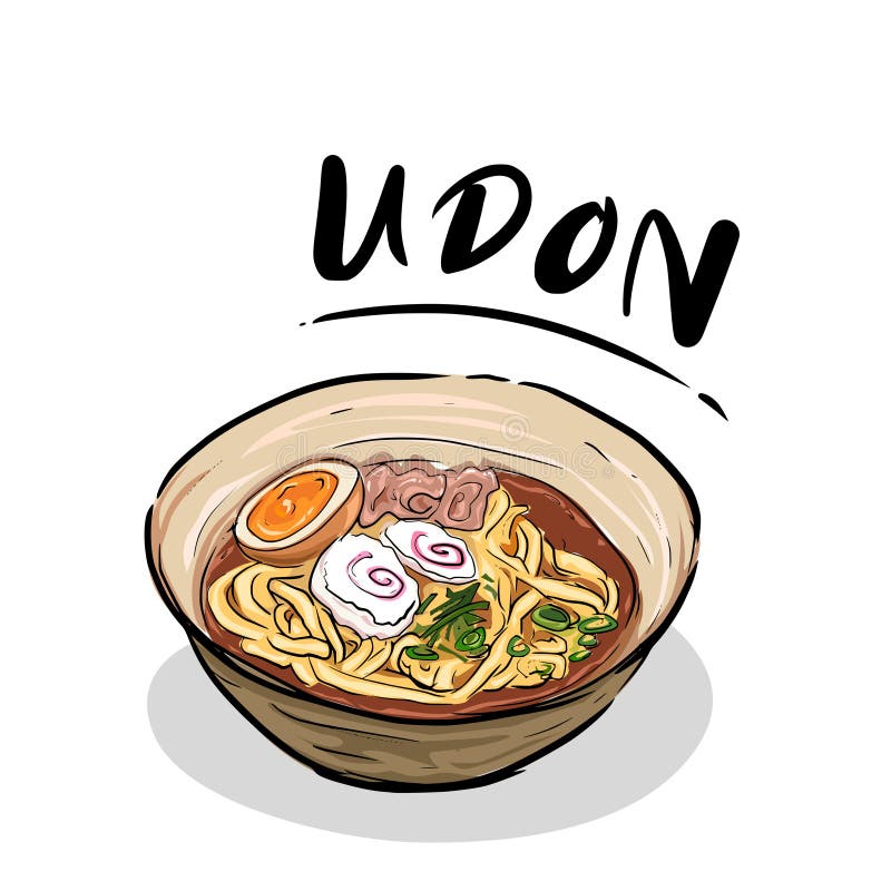 Udon noodles, pork, boiled egg,  and green onions close-up in a bowl on white background.