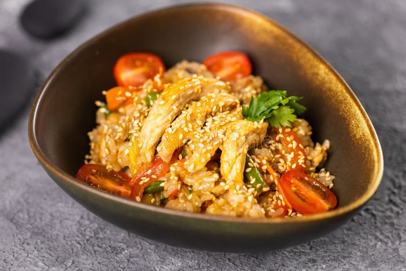 Udon Stir-fry Noodles with Meat and Vegetables. Asian Cuisine Stock