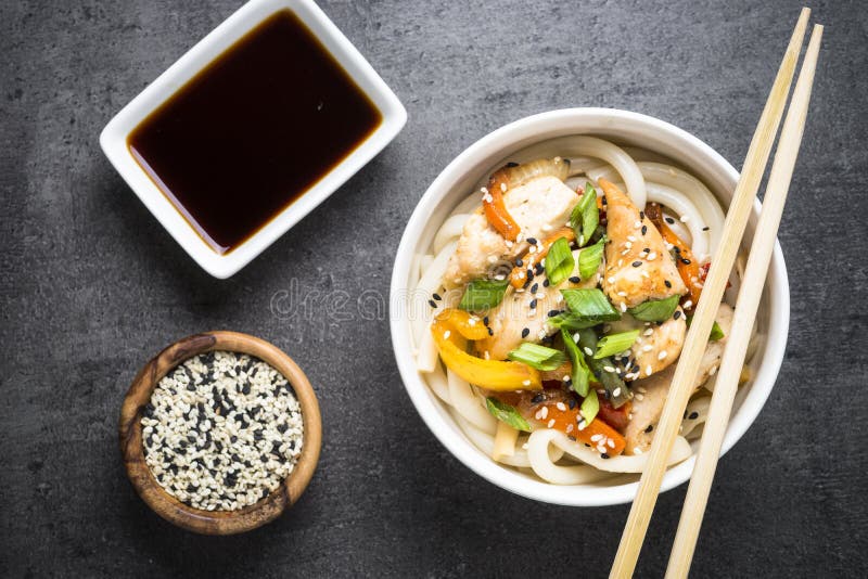 Udon Stir-fry Noodles with Chicken and Vegetables. Stock Image - Image