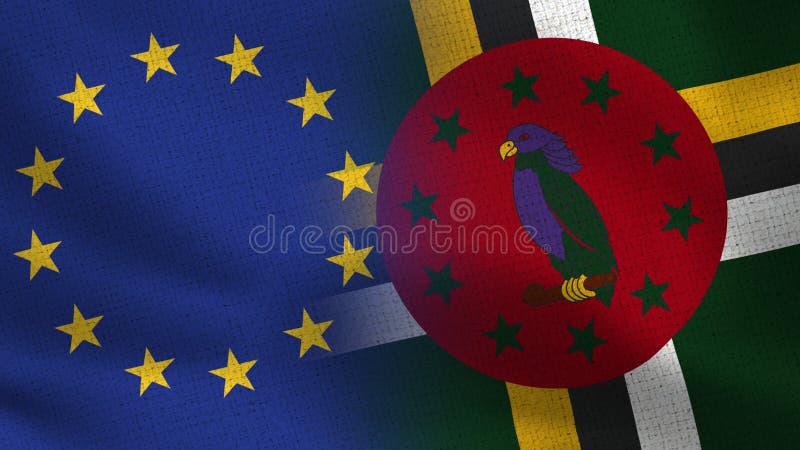 UE e Dominica Realistic Half Flags Together foto de stock