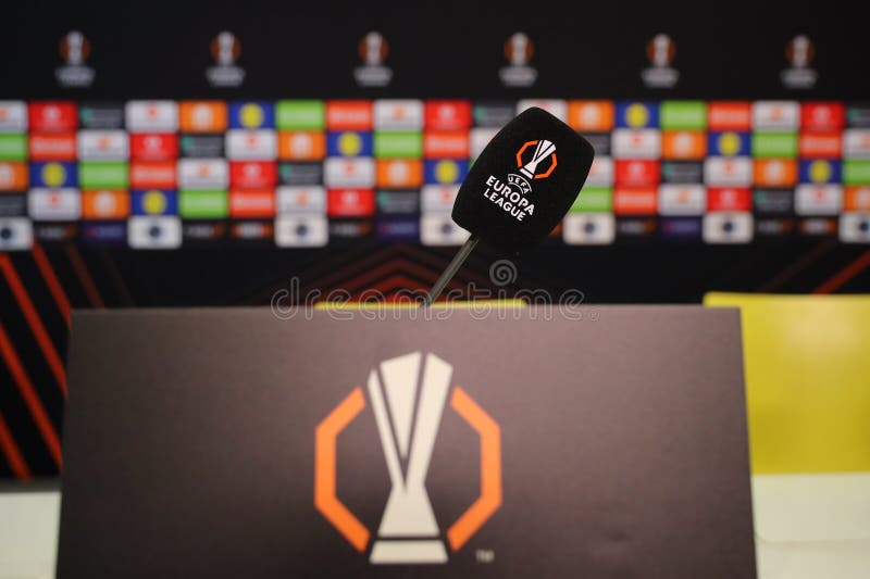 Uefa europa-ligans varumärke på mikrofon royaltyfria bilder