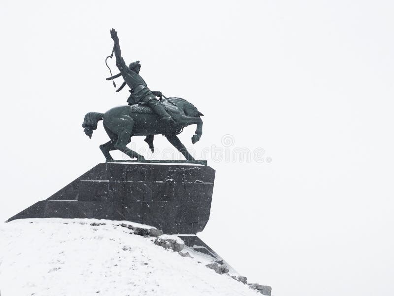 Monument To Salavat Yulaev in Ufa at Winter Aerial View Stock