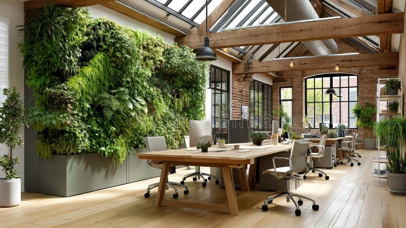 Uffici moderni con giardino verticale verde e luce naturale illustrazione di stock