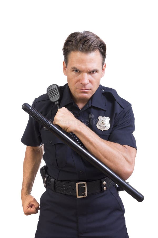 Handsome serious Caucasian police officer holding baton and charging forward aggressively on white background. Handsome serious Caucasian police officer holding baton and charging forward aggressively on white background