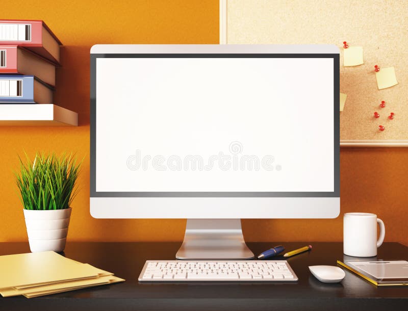 Ufficio 3D con lo schermo di computer in bianco Modello illustrazione vettoriale