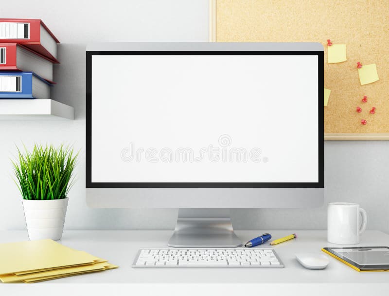 ufficio 3D con lo schermo di computer in bianco Modello