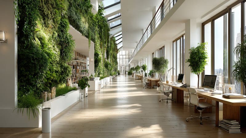 Ufficio moderno e spazioso con giardino verticale e luce naturale abbondante nel design contemporaneo dello spazio di lavoro illustrazione vettoriale