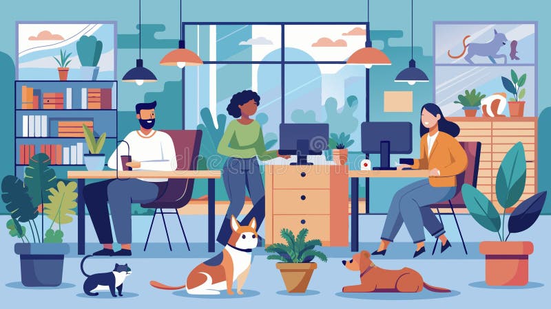 Ufficio moderno per le petizioni con diversi membri del team che lavorano illustrazione vettoriale