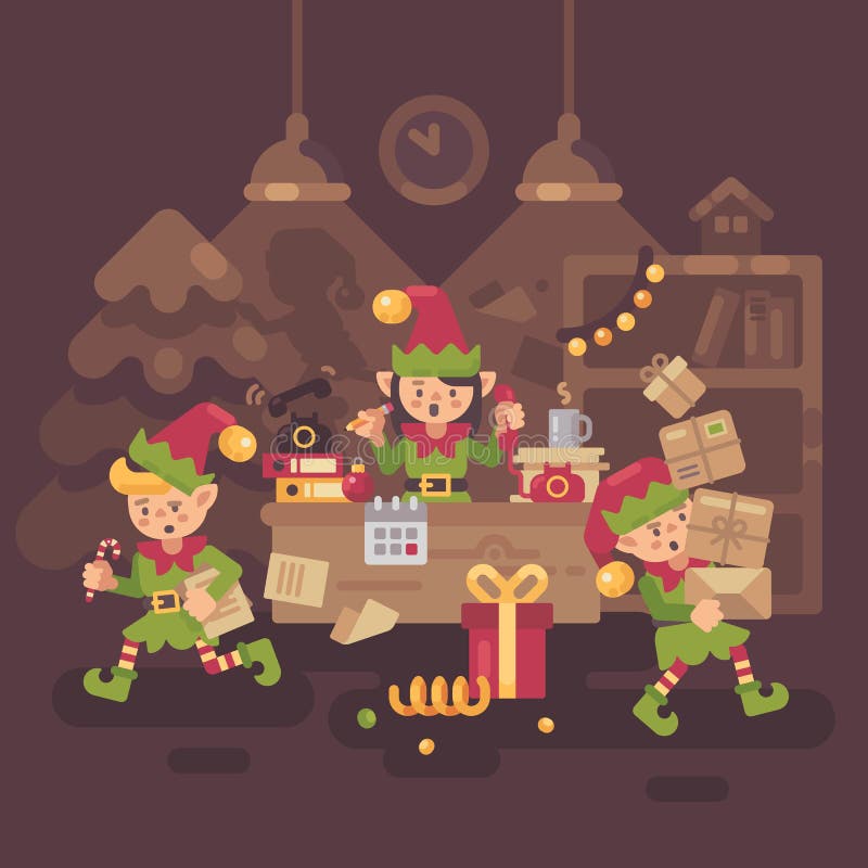 Ufficio occupato di Santa Claus Lavoratori di Elf che portano i presente illustrazione di stock Ufficio occupato di Santa Claus Lavoratori di Elf che portano i presente illustrazione di stock