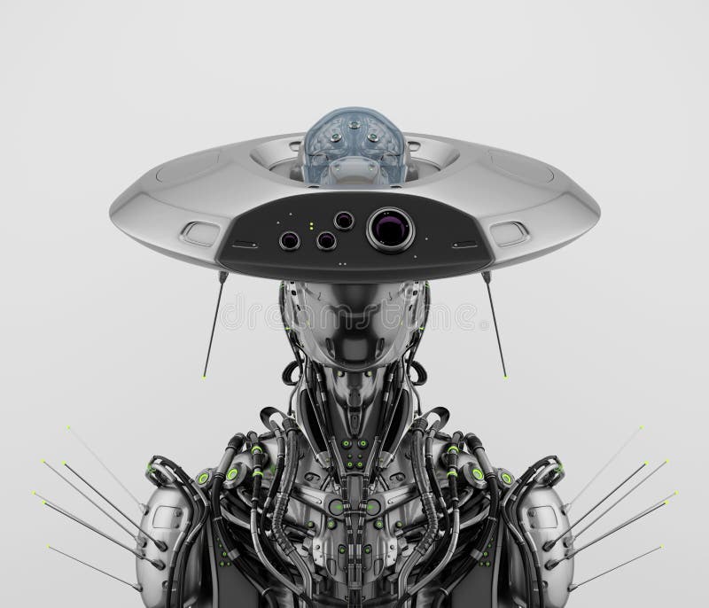 Uffor-kol-svart robot med enorm aj-hjärnhatt 3d-rening stock illustrationer