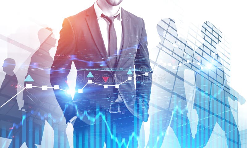 Ufny lider biznesu w mieście, rynków walutowych wykresy obraz stock Ufny lider biznesu w mieście, rynków walutowych wykresy obraz stock
