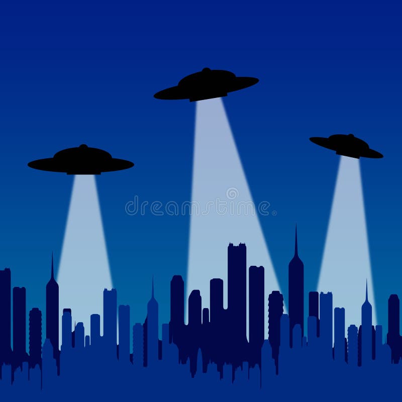 Alien flying saucers inspecting a city on earth. Alien flying saucers inspecting a city on earth