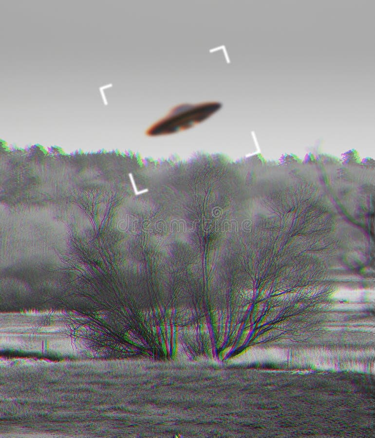 UFO, alien and camcorder on a camera screen to record a flying saucer in the sky over area 51. Viewfinder, motion blur