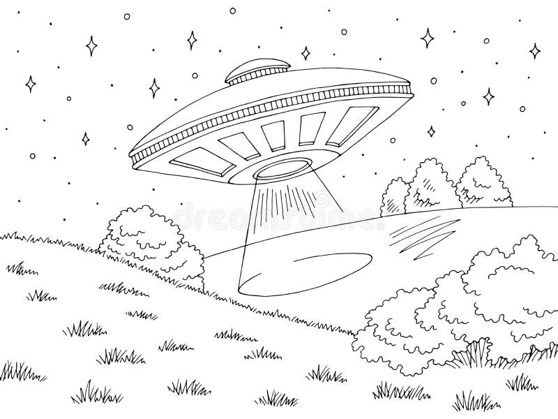 UFO flying under hill graphic black white landscape sketch illustration vector vector illustration UFO flying under hill graphic black white landscape sketch illustration vector vector illustration