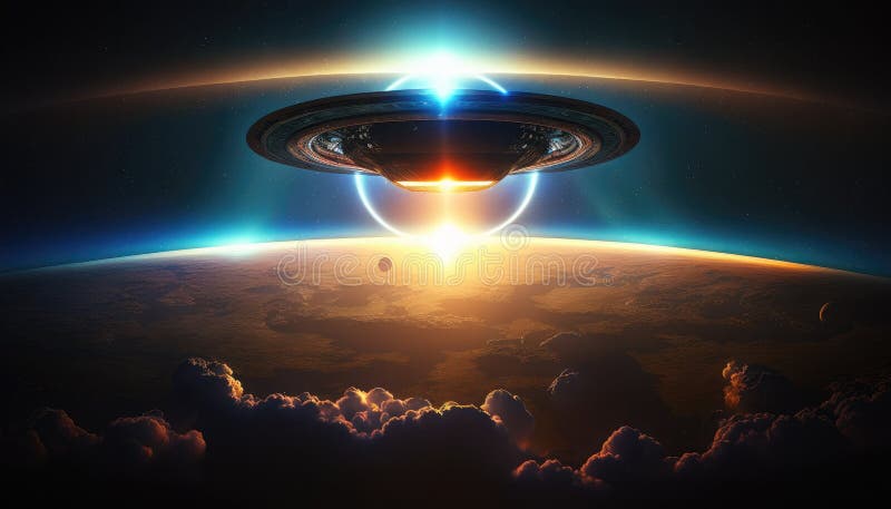 Ufo i kosmitów koncepcja inwazji z kosmicznym statkiem ponad ziemią stworzonym dzięki generacyjnej technologii ai ilustracja wektor