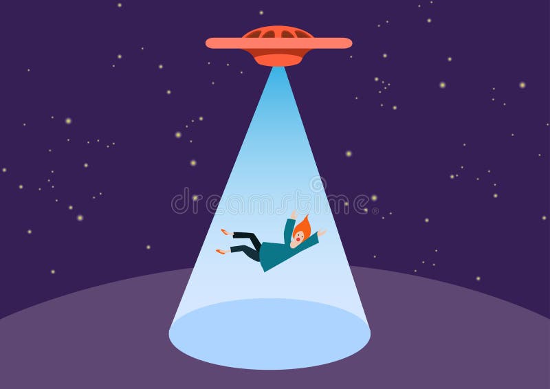 UFO i teleportuje promień UFO uprowadza osoby, wektor Kobieta kraść obcymi royalty ilustracja UFO i teleportuje promień UFO uprowadza osoby, wektor Kobieta kraść obcymi royalty ilustracja