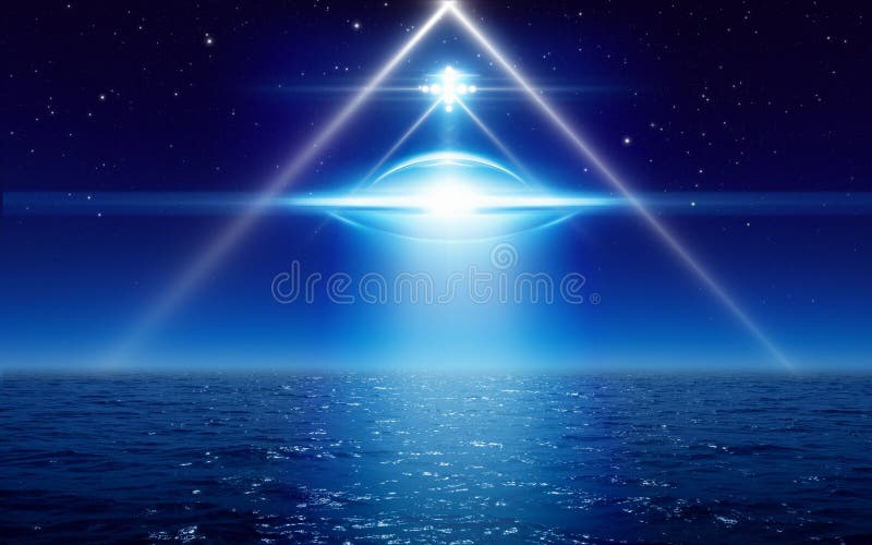 Ufo lub latające spodki z jasnym światłem reflektora latają nad morzem kosmiczny statek kosmiczny w nocnym niebie z jasnymi gwiazd fotografia stock