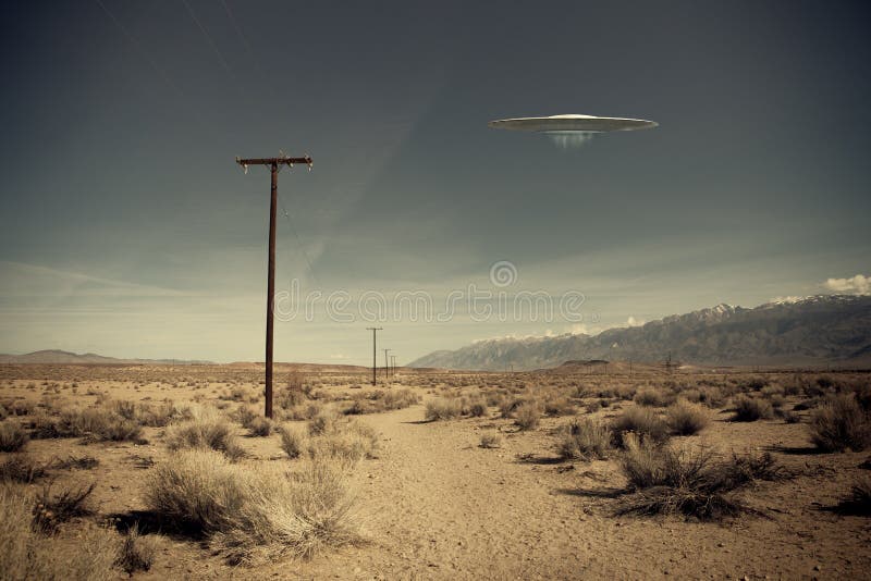 Low flying UFO spaceship hovering over a desert dirt road near a telephone pole with a vintage look. Low flying UFO spaceship hovering over a desert dirt road near a telephone pole with a vintage look.