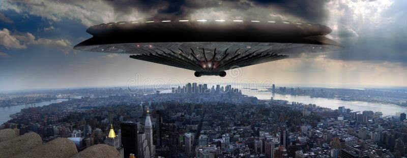 Obří Ufo přístupy Manhattan, na panoramatický výhled jak je vidět z Empire State building, začátek mimozemské invaze.