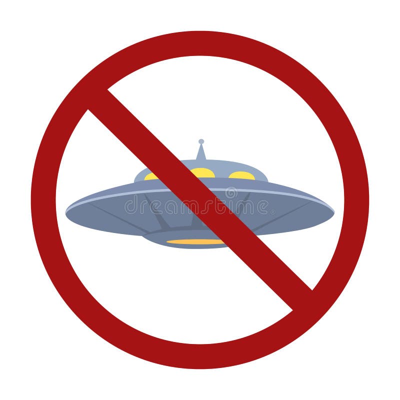 Ufo piatto con segno di divieto rosso. divieto di sorvolo. oggetto volante sconosciuto. proibito per ospiti dallo spazio. illustrazione di stock