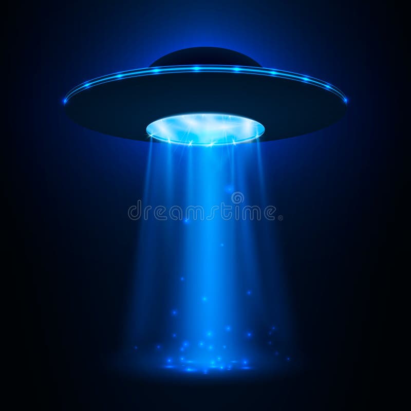 UFO spaceship. Unidentified flying object with light beam. Vector illustration