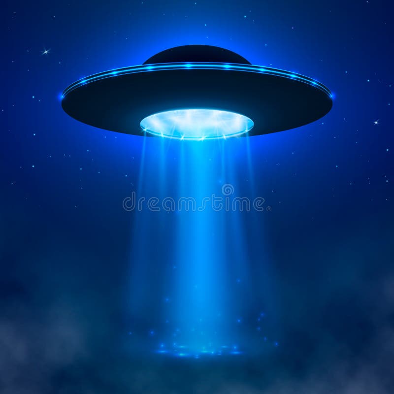 UFO Veicolo spaziale straniero con il raggio luminoso e la nebbia Illustrazione di vettore del UFO illustrazione vettoriale