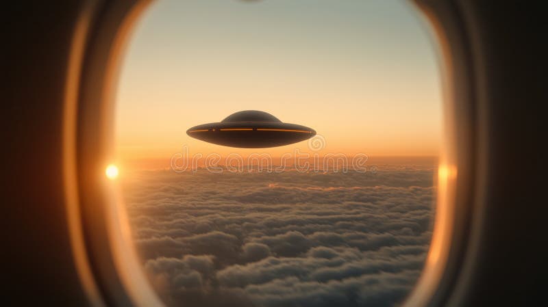 Ufo πάνω από παχιά σύννεφα κατά την προβολή φωτεινής δύσης διανυσματική απεικόνιση