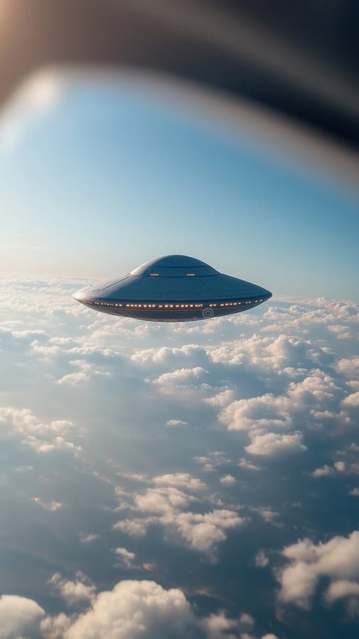 Ufo πετώντας πάνω από παχιά σύννεφα στον γαλάζιο ουρανό προκαλεί θαύμα διανυσματική απεικόνιση