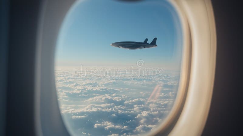 Ufo πετώντας πάνω από πυκνά σύννεφα στο φωτεινό γαλάζιο ουρανό δημιουργώντας ίντριγκα απεικόνιση αποθεμάτων