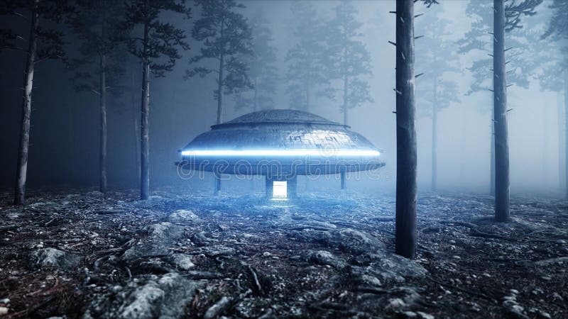 UFO στο δασικό χώρο αποβίβασης νύχτας ομίχλης τρισδιάστατη απόδοση απεικόνιση αποθεμάτων