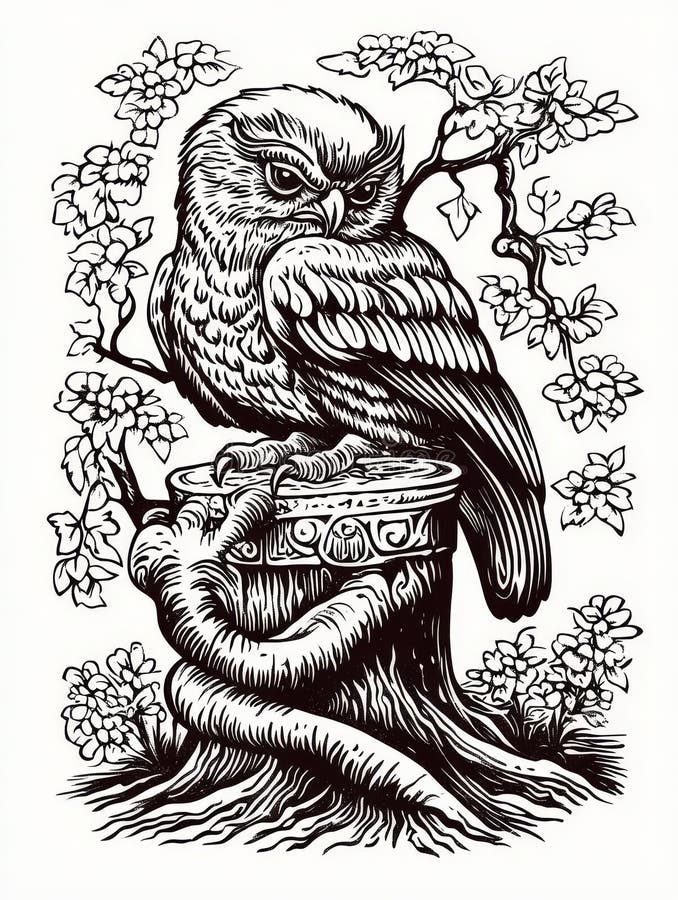 Uggla på en trädstump majesuggla på en ornatstump omgiven av blomstrande grenar som symboliserar klokhet vektor illustrationer