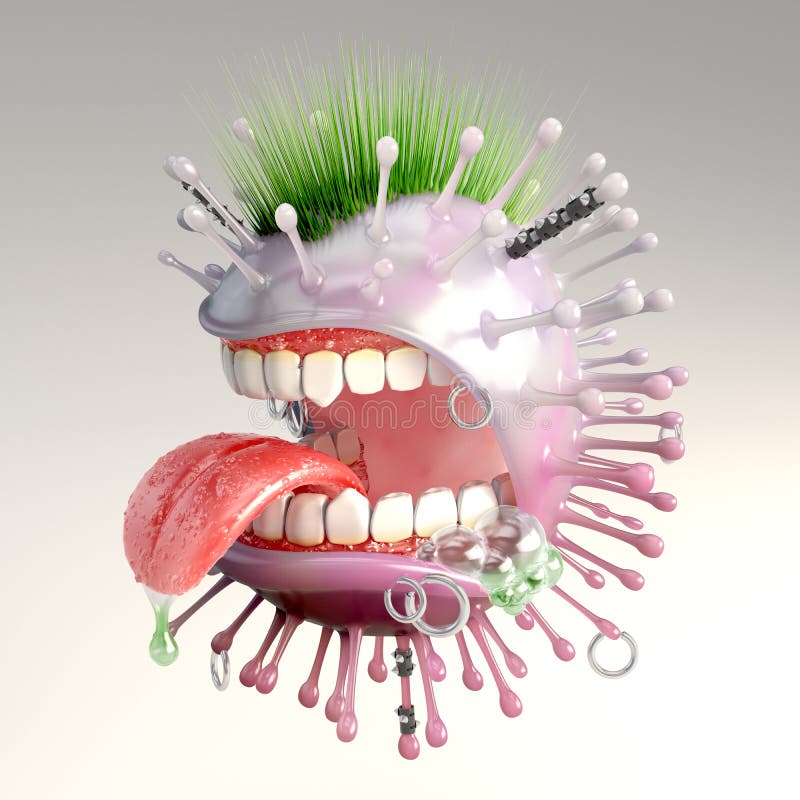 An ugly punk virus with mouth, tongue, teeth and green hair over white background